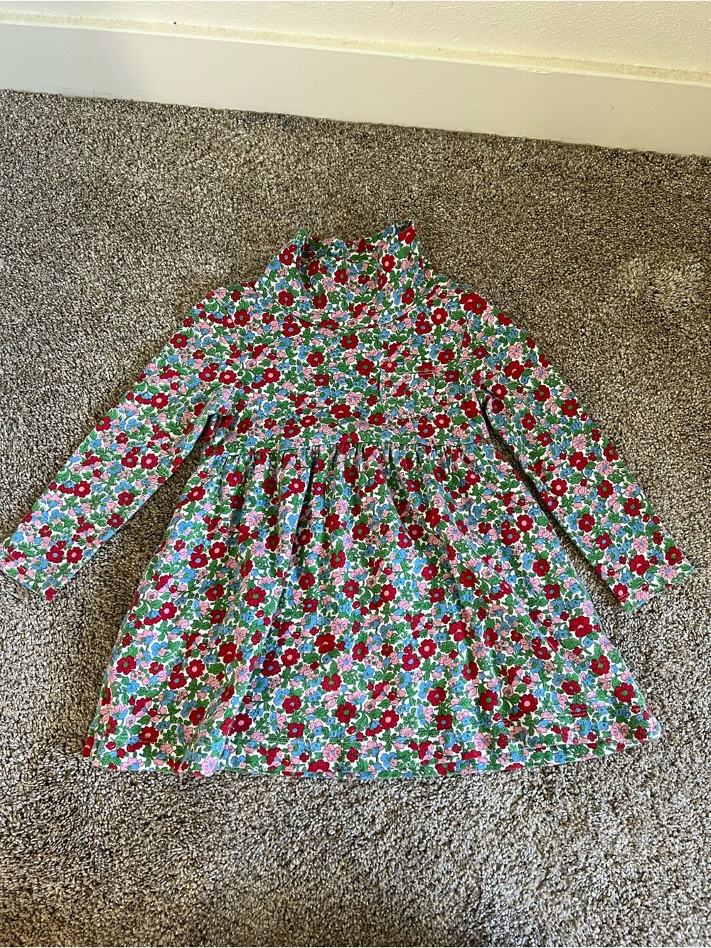 Boden Girls Floral Long-Sleeve Dress in Red, Green, Blue